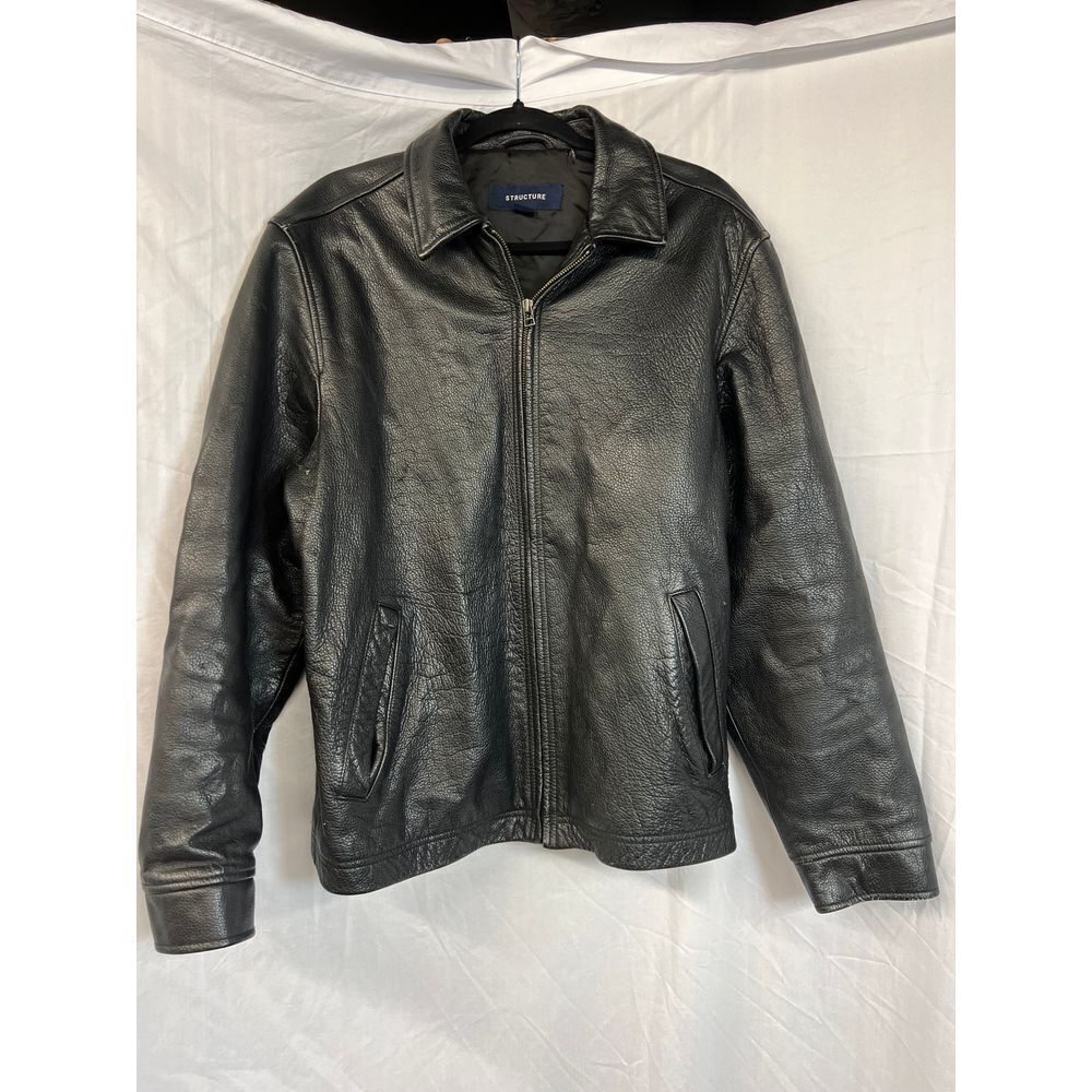 Structure Black Leather Jacket Classic Zip-Up Biker Style Y2K Vintage